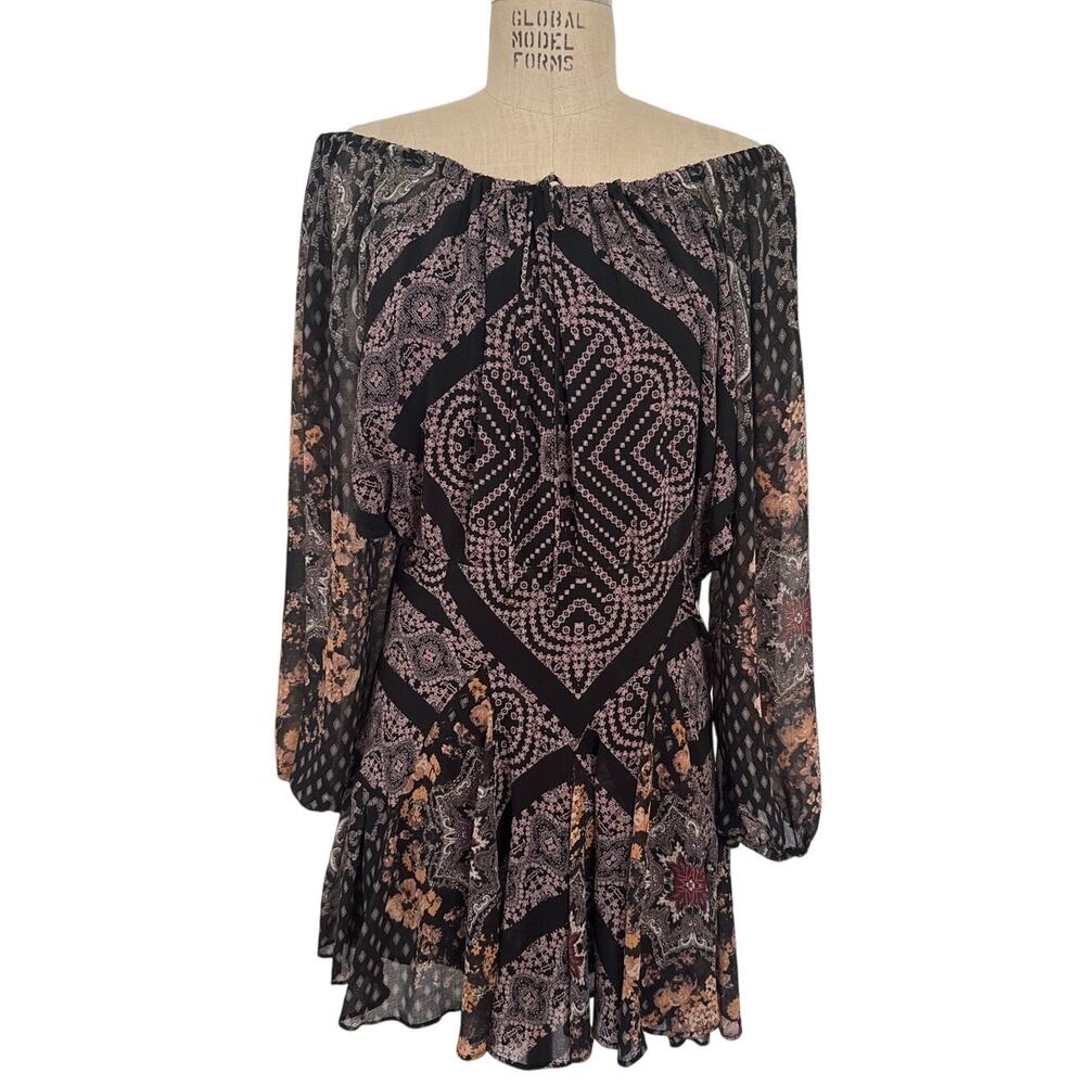 Free People Seven Wonders Mini Dress Size Medium Black Chiffon Boho
